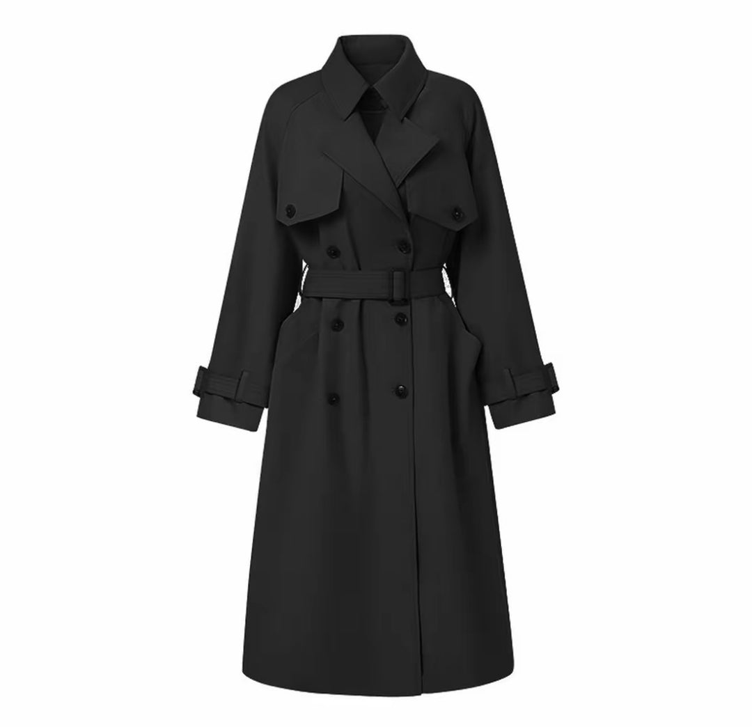 Damen Eleganter Midi-Trenchcoat mit Oversize-Schulterklappe, gerafften Ärmeln und taillierendem Bindegürtel Nord Taschen