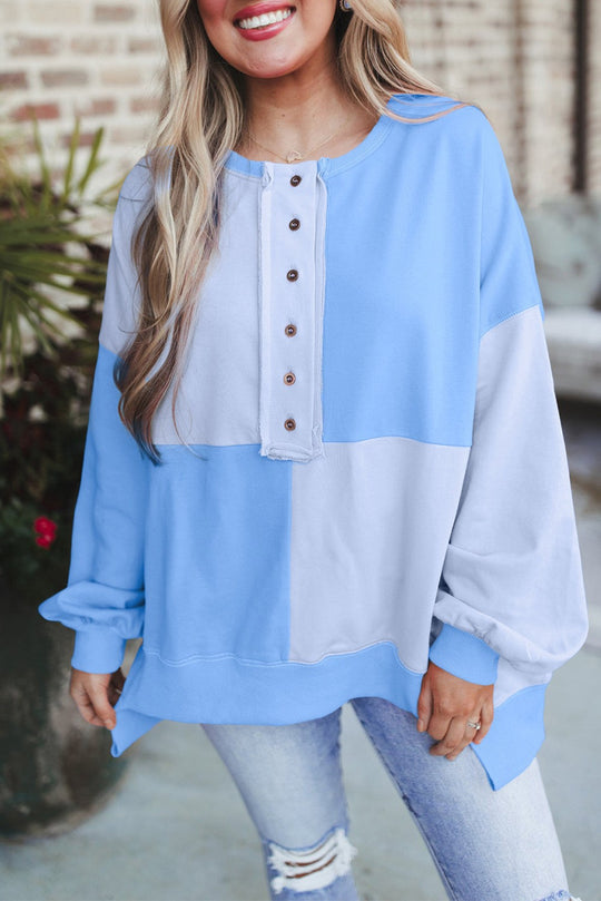 Damen Oversize-Longsleeve-Sweatshirt im Colorblock mit Henley-Knopfleiste und Ballonärmeln Nord Taschen
