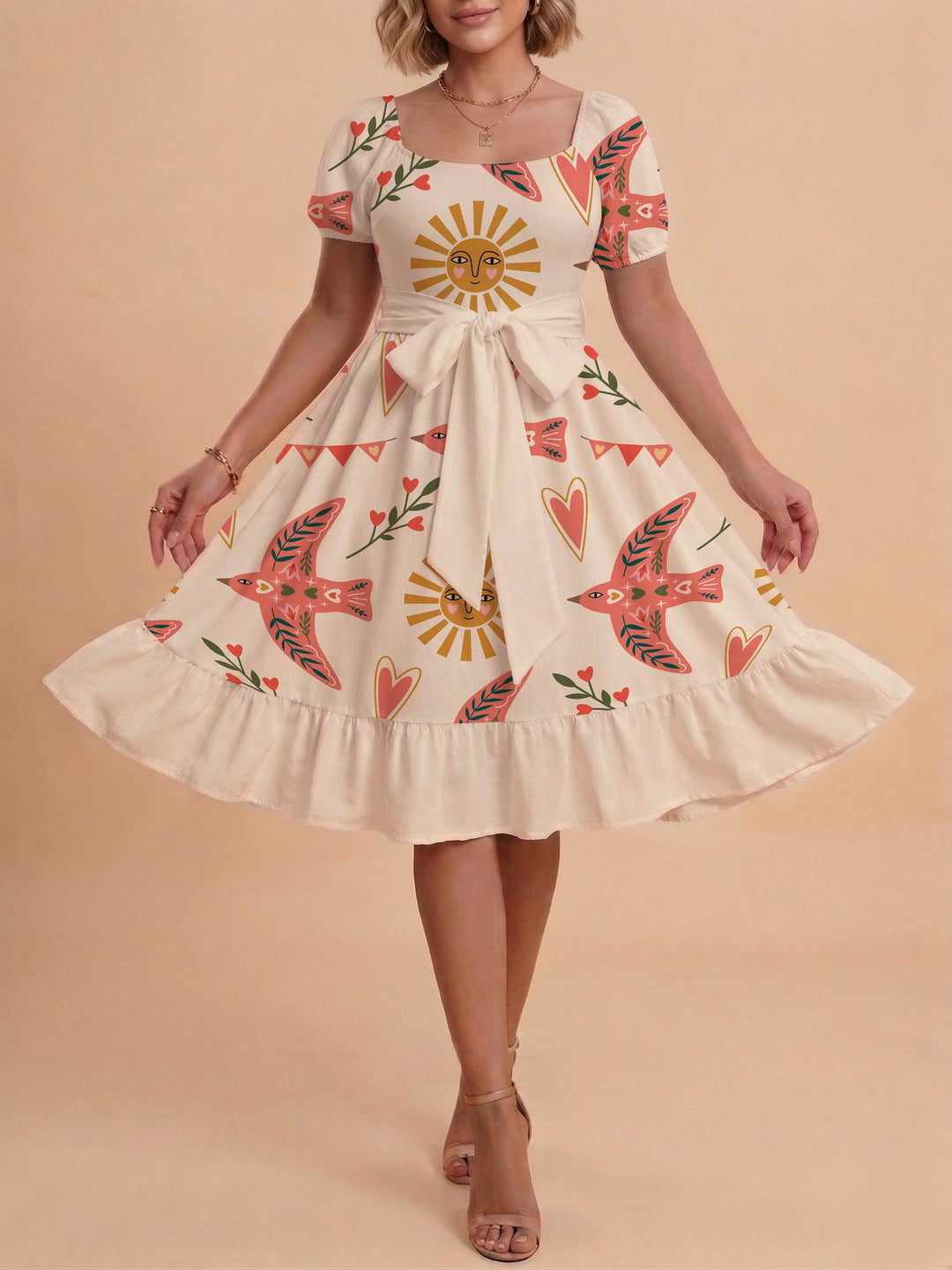 Damen Sommerliches Blumenkleid mit taillierbarem Gürtel und voluminösen Ärmeln