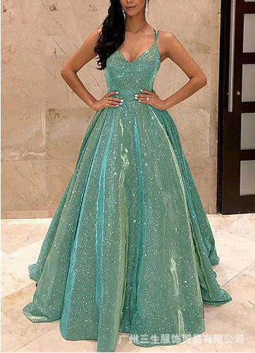Damen Spaghettiträger V-Ausschnitt A-Linie Glitzer Maxikleid - Arvani