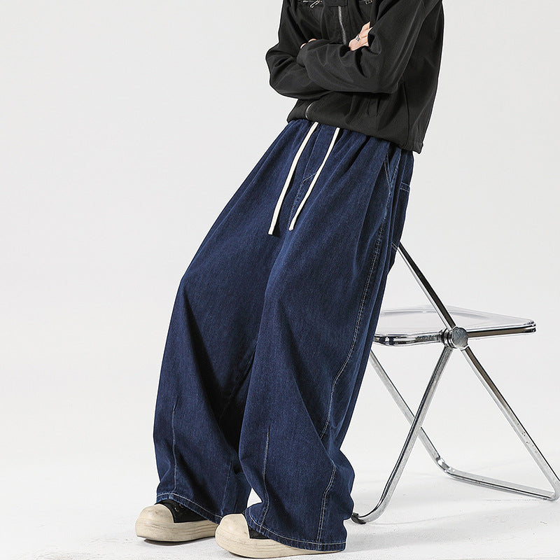Damen Weite Denim-Palazzohose mit Tunnelzugbund, tiefem Schritt und extra weitem Bein Nord Taschen