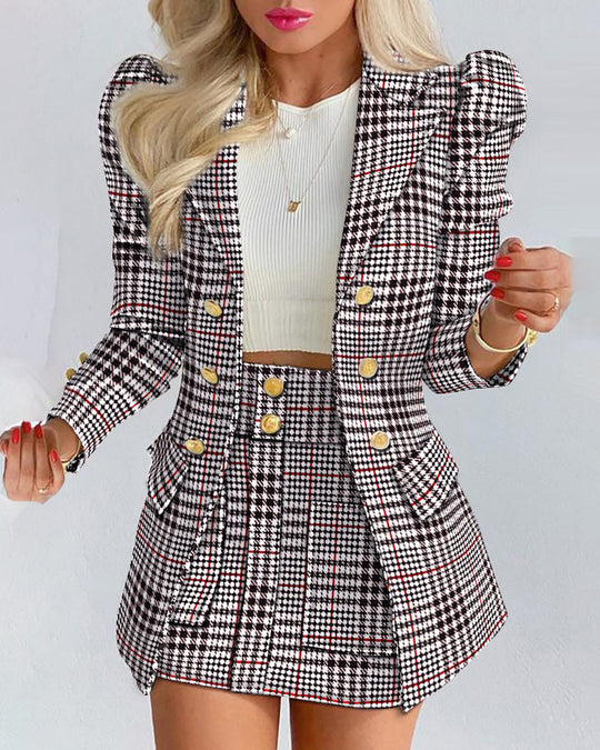 Damen Taillierter Doppelreihiger Blazer mit Puffärmeln und goldenen Zierknöpfen Nord Taschen