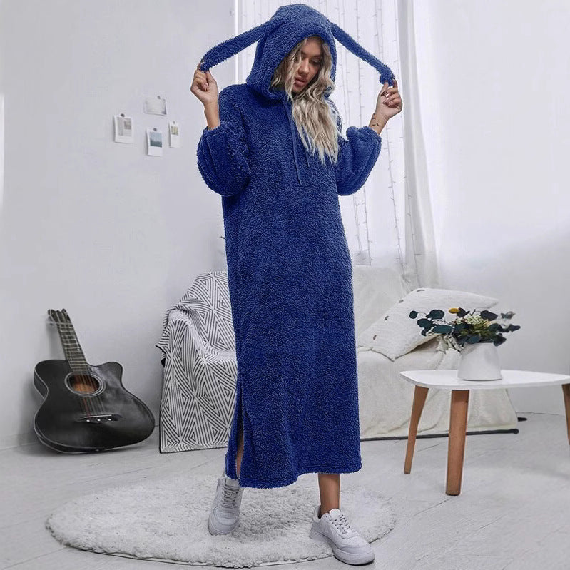 Damen Flauschiger Fleece-Hoodie-Kleid mit Ohren und seitlichen Schlitzen Nord Taschen