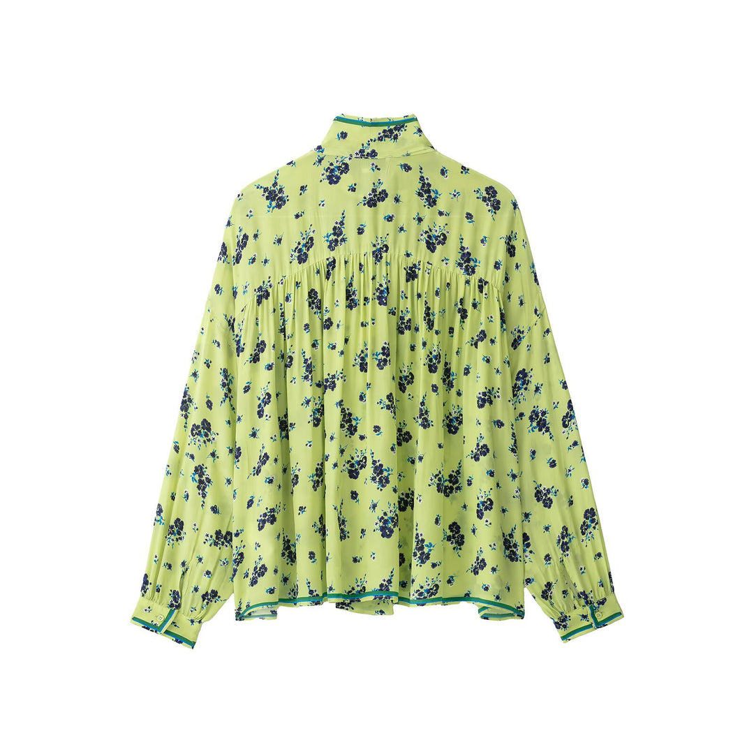 Damen Geblümte Chiffonbluse mit Schleifenkragen und Ballonärmeln Nord Taschen