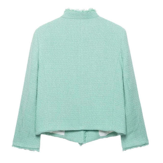 Damen Cropped Bouclé‑Jacke mit asymmetrischer Knopfleiste und Fransensaum Nord Taschen