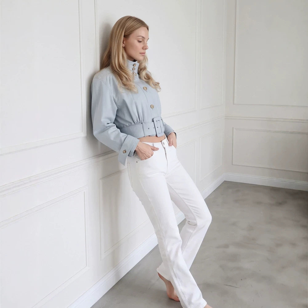 Damen Taillierte Cropped-Jacke mit überlanger Schluppe & breitem Taillengürtel Nord Taschen