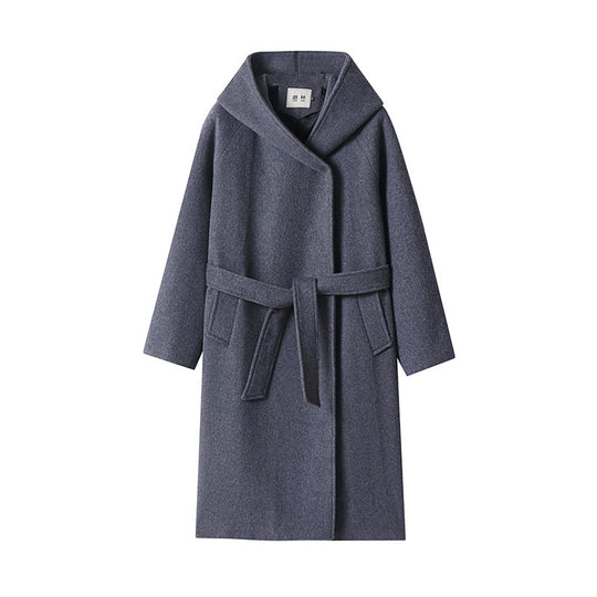 Damen Maxi-Mantel mit überzogener Kapuze, Bindegürtel und minimalistischer Wollmix‑Silhouette Nord Taschen