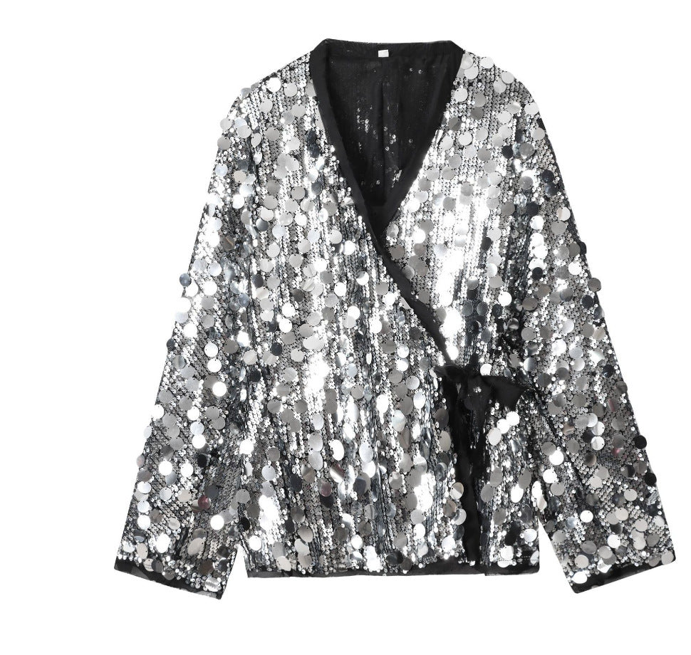 Damen 1900+ Wickel‑Blousonjacke mit großen Pailletten und Satinband Nord Taschen