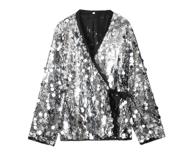Damen 1900+ Wickel‑Blousonjacke mit großen Pailletten und Satinband Nord Taschen