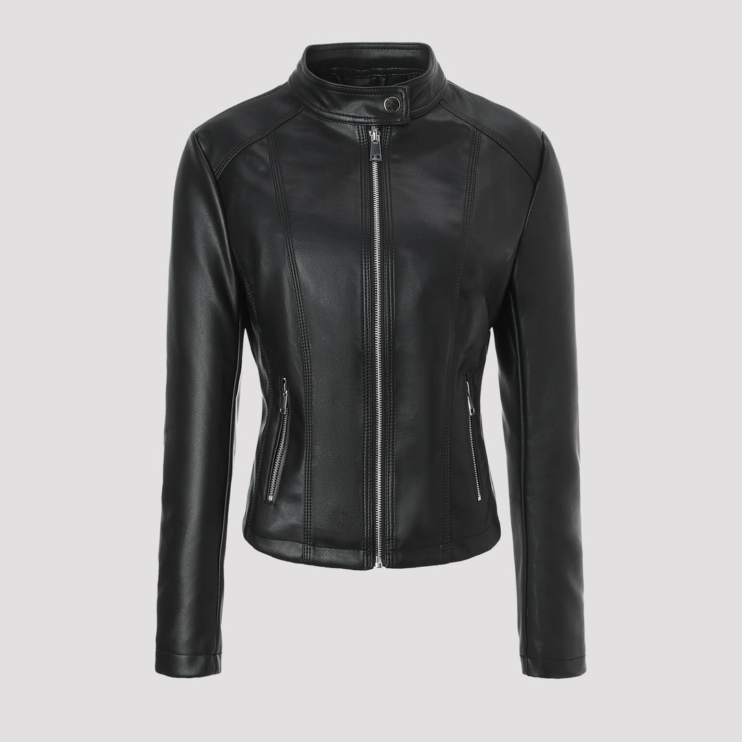 Damen Taillierte Lederjacke mit Stehkragen, vertikalen Ziernähten und Reißverschlusstaschen Nord Taschen