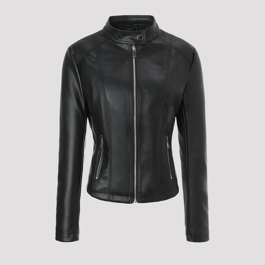 Damen Taillierte Lederjacke mit Stehkragen, vertikalen Ziernähten und Reißverschlusstaschen Nord Taschen