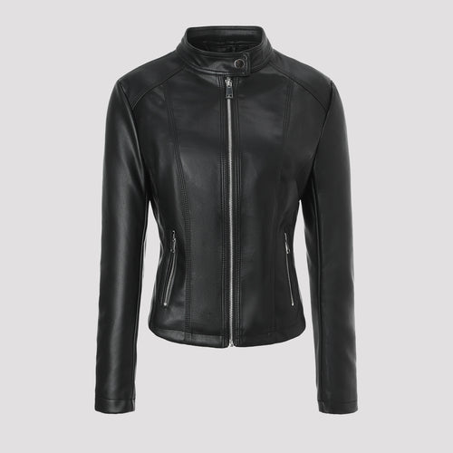 Damen Taillierte Lederjacke mit Stehkragen, vertikalen Ziernähten und Reißverschlusstaschen Nord Taschen