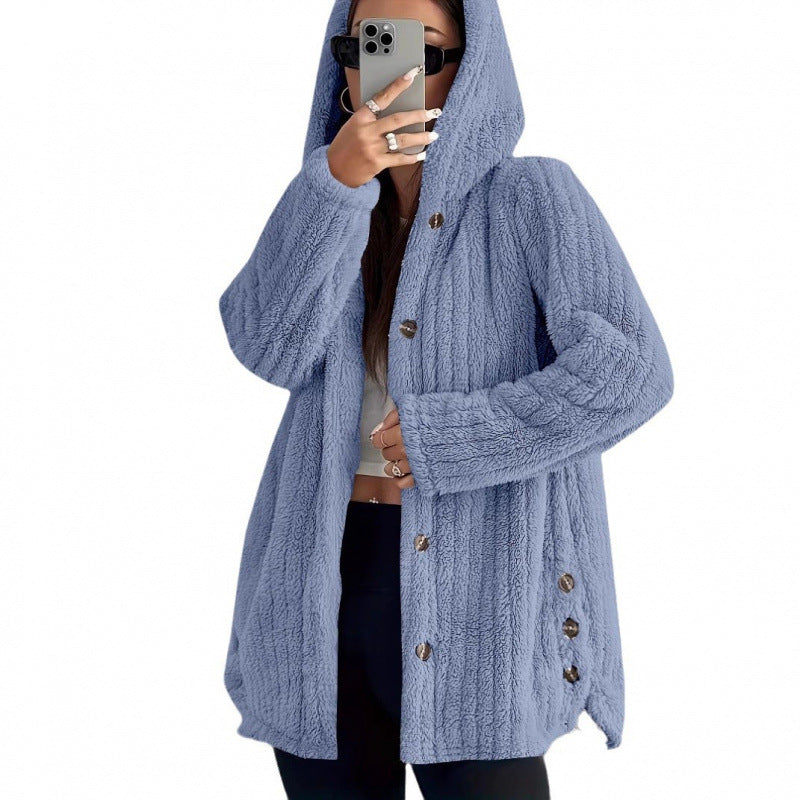 Damen Kapuzen-Teddy-Mantel mit Knopfleiste und Oversize-Schnitt Nord Taschen