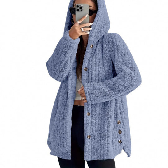 Damen Kapuzen-Teddy-Mantel mit Knopfleiste und Oversize-Schnitt Nord Taschen