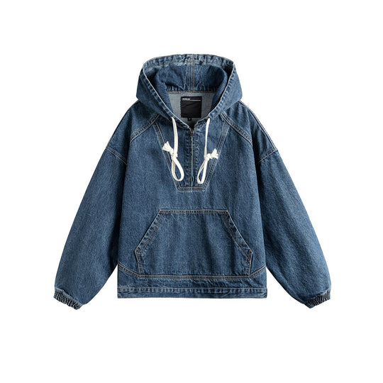 Unisex Oversize Denim Hoodie mit Halbreißverschluss, Kängurutasche und Tunnelzug Nord Taschen