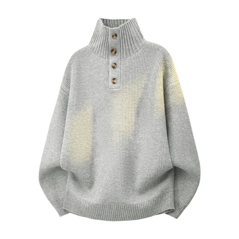 Damen Oversize Grobstrick-Pullover mit Knopfleiste am Stehkragen und Raglanärmeln Nord Taschen