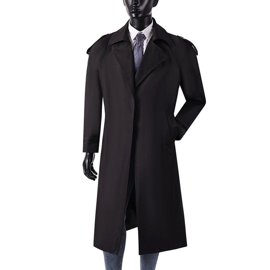 Herren eleganter knie- bis wadenlanger Trenchcoat mit verdeckter Knopfleiste und Schulterklappen Nord Taschen