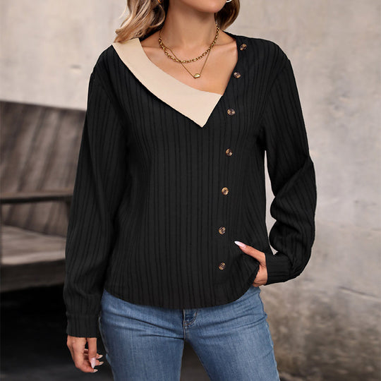 Damen Rippstrick-Top mit asymmetrischer Knopfleiste und kontrastierendem V‑Einsatz Nord Taschen