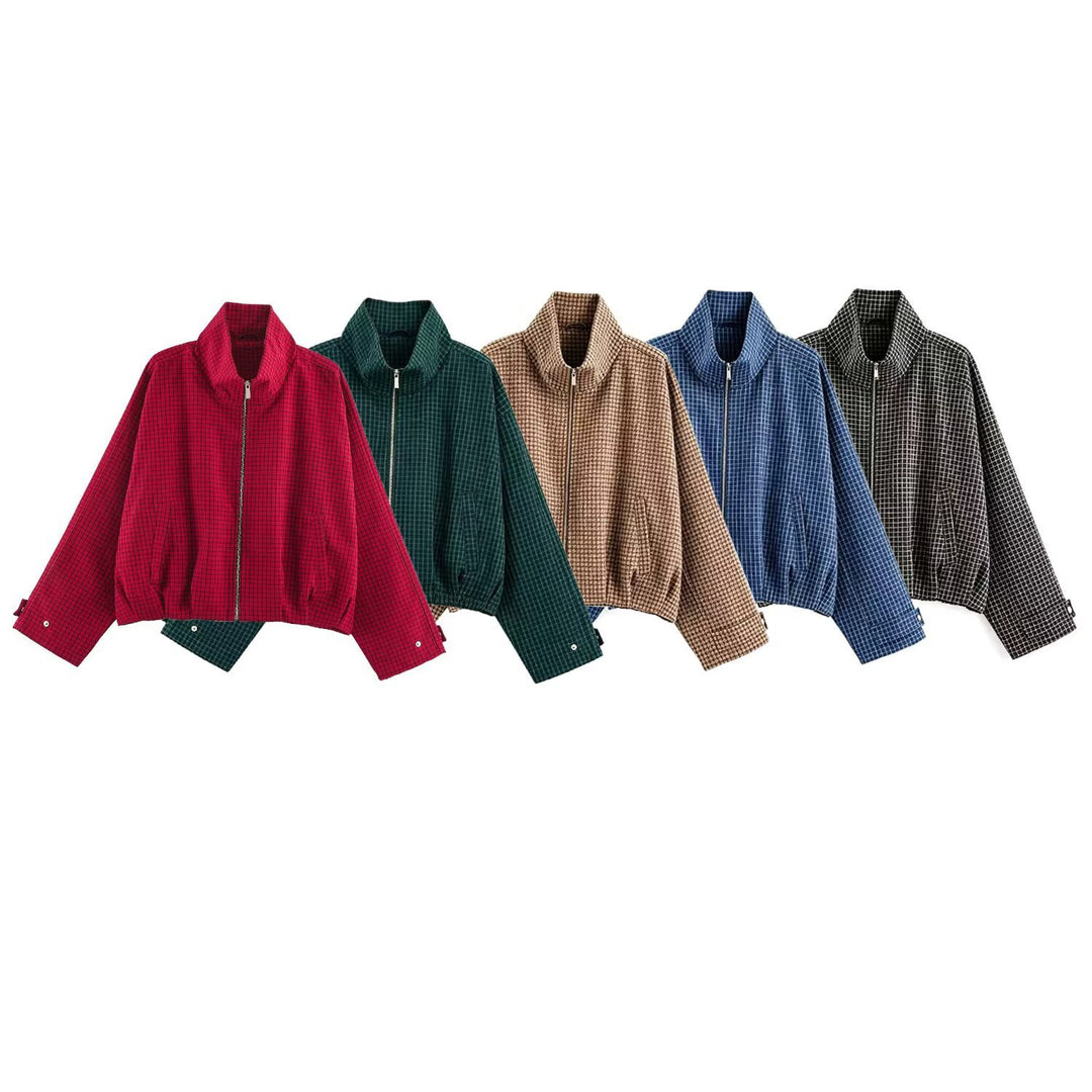 Damen Cropped Übergangsjacke mit hohem Funnelkragen, Karomuster und elastischem Saum Nord Taschen