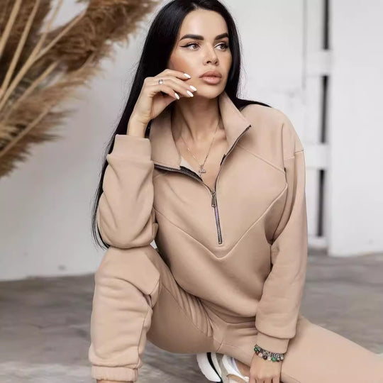 Damen Zweiteiliges Sweat-Loungewear-Set mit Troyer-Reißverschluss und elastischer Jogginghose Nord Taschen