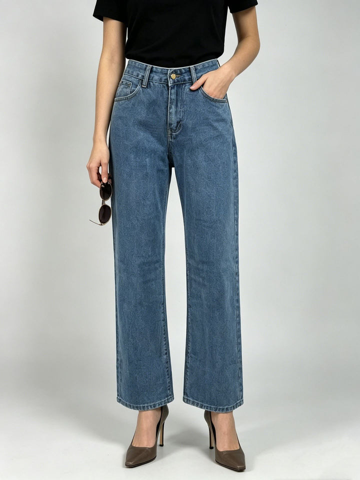 Damen hochgeschnittene Straight-Leg-Jeans mit geradem Bein und dezenter Vintage-Waschung Nord Taschen