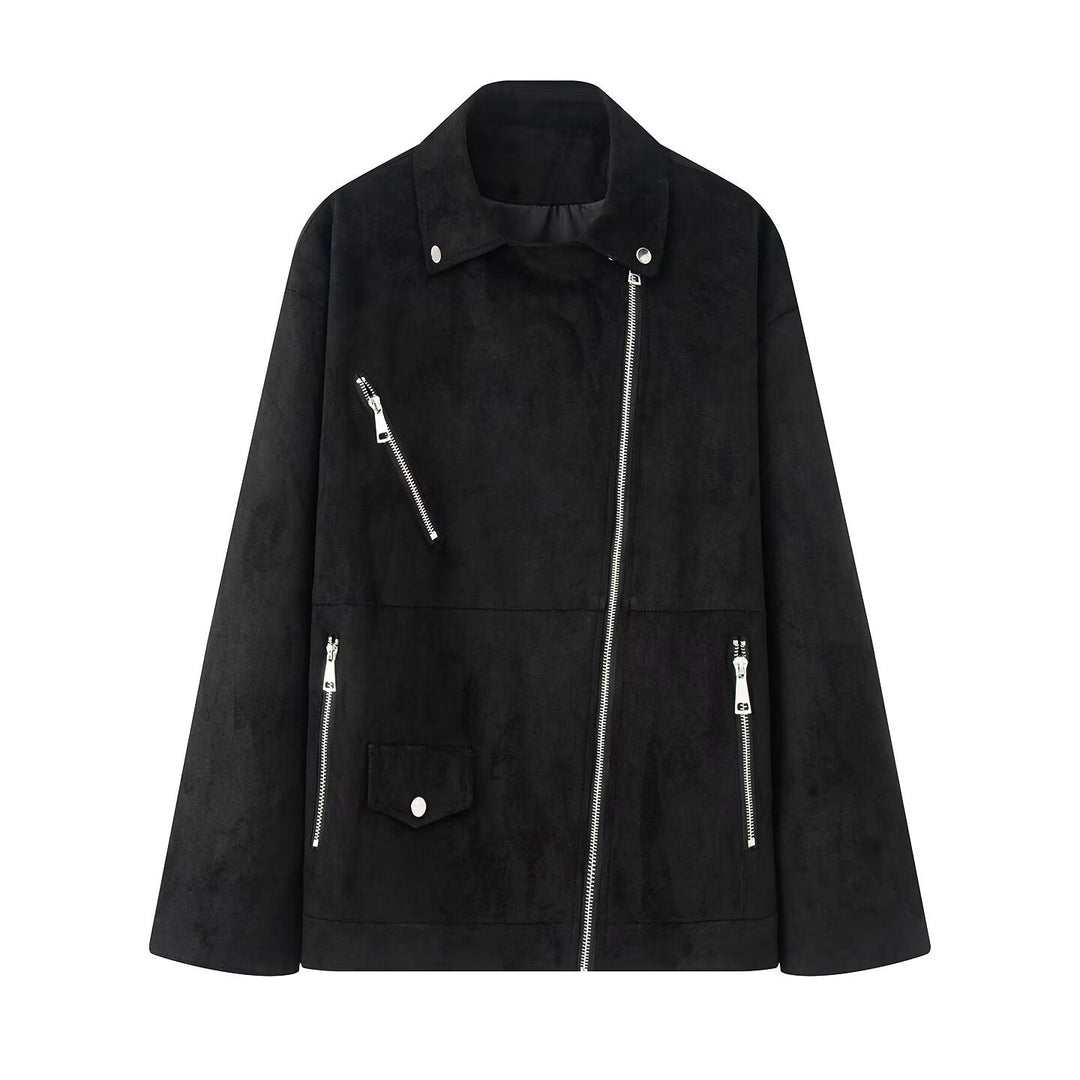 Damen Asymmetrische Veloursleder‑Optik Bikerjacke mit Stehkragen und Zippern Nord Taschen