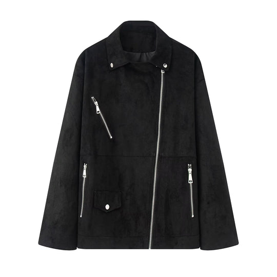 Damen Asymmetrische Veloursleder‑Optik Bikerjacke mit Stehkragen und Zippern Nord Taschen