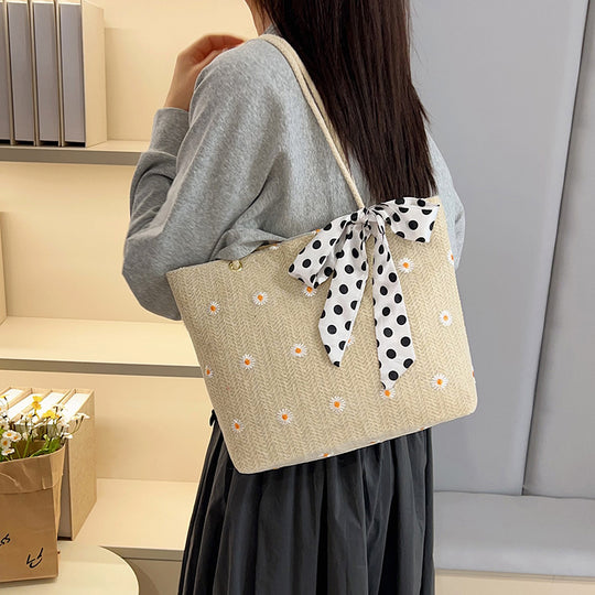 Damen Jute-Shopper mit floralen Stickereien und verspieltem Schleifenakzent Nord Taschen
