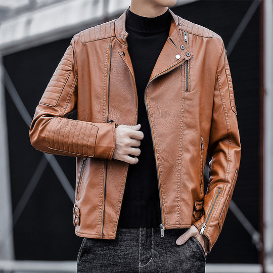 Herren Bikerjacke aus Kunstleder mit gesteppter Ärmelpasse und Stehkragen Nord Taschen