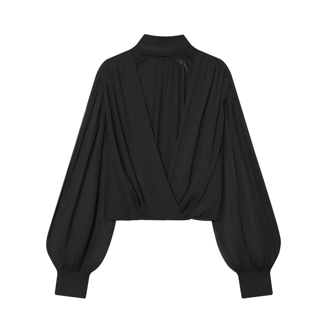 Damen Kurzgeschnittene Wickelbluse mit Stehkragen und voluminösen Ballonärmeln Nord Taschen