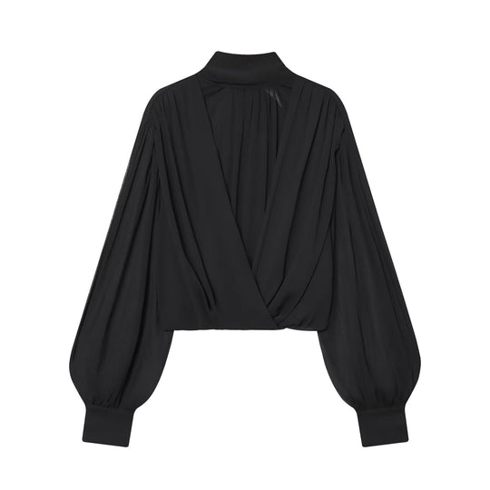 Damen Kurzgeschnittene Wickelbluse mit Stehkragen und voluminösen Ballonärmeln Nord Taschen