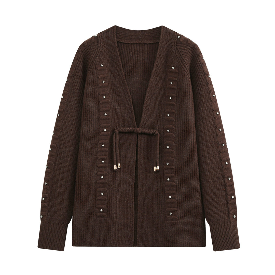Damen Grobstrick-Cardigan mit Strassbesatz, Flechtkordel und offenem V-Ausschnitt Nord Taschen
