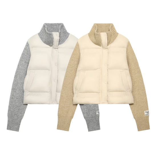 Damen Gepolsterte Cropped Hybrid-Jacke mit Strickärmeln und Stehkragen Nord Taschen
