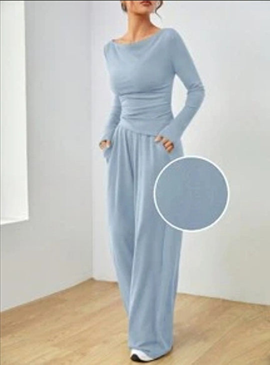 Damen Loungewear-Set aus weichfallendem Jersey mit U-Boot-Ausschnitt, tailliertem Longsleeve und weiter Palazzo-Hose Nord Taschen