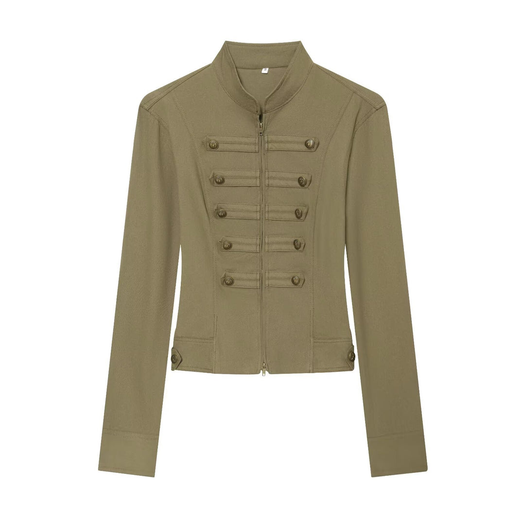 Damen Militärinspirierte taillierte Feldjacke mit Stehkragen und Zierknopfleisten Nord Taschen