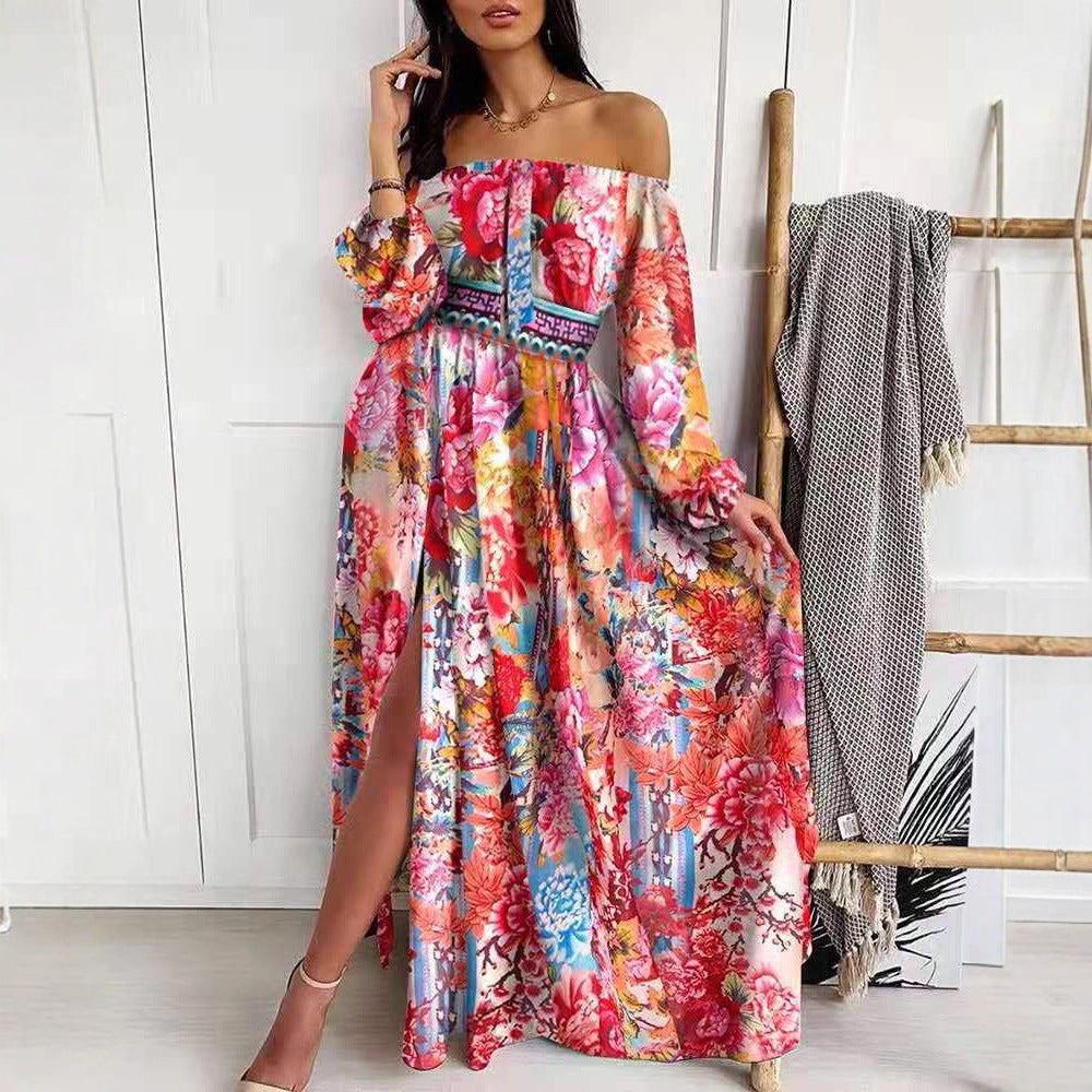 Damen Maxikleid mit offenem Schulterdesign und aufwendigem Barockmuster Nord Taschen