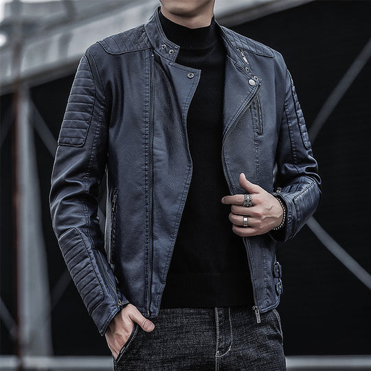 Herren Bikerjacke aus Kunstleder mit gesteppter Ärmelpasse und Stehkragen Nord Taschen