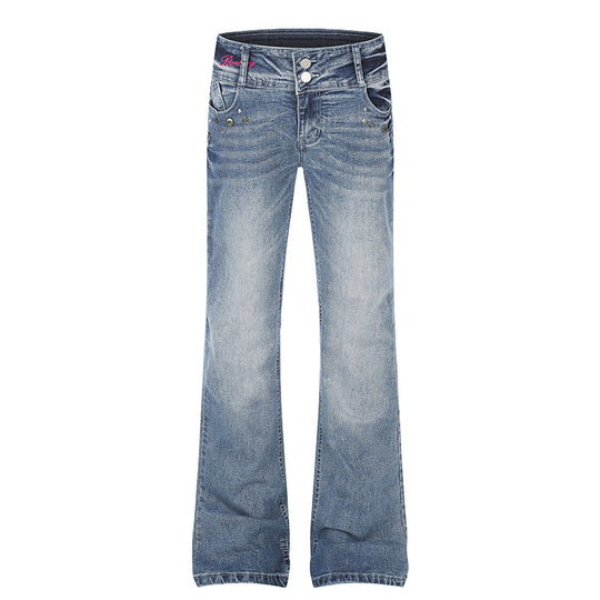 Damen High‑Waist Flared-Jeans mit weitem Bein, Doppelknopf und Nieten-Detail Nord Taschen