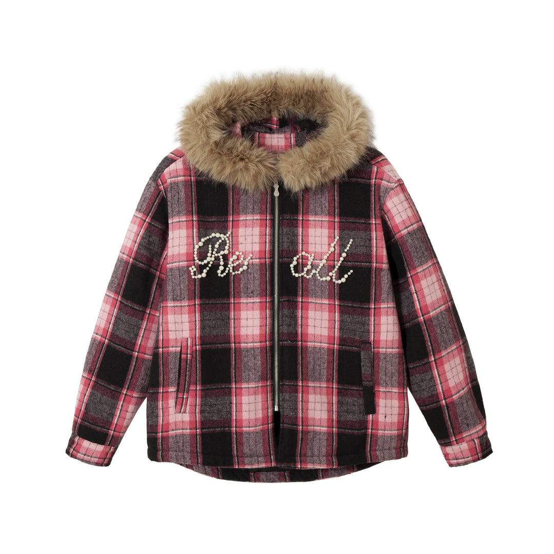Damen karierter Wollmix-Blouson mit abnehmbarem Kunstfellkragen und Perlenapplikation Nord Taschen