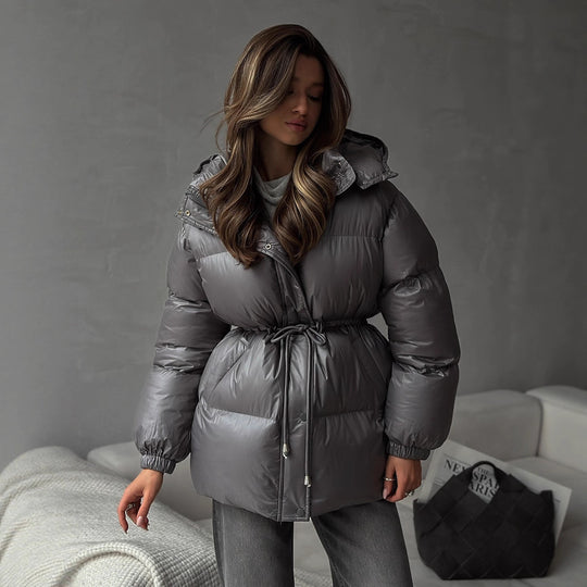 Damen Langer wattierter Parka mit Kapuze, Taillenzug und Oversize-Silhouette Nord Taschen