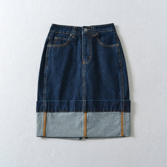 Damen Hochtaillierter Midirock aus Denim mit sichtbaren Nähten und umgeschlagener Saum Nord Taschen