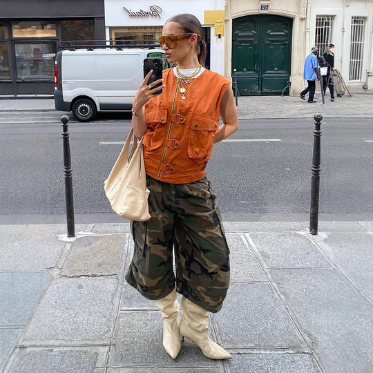 Damen Ärmellose Utility‑Weste mit Reißverschluss, Fronttaschen und Schnallen Nord Taschen