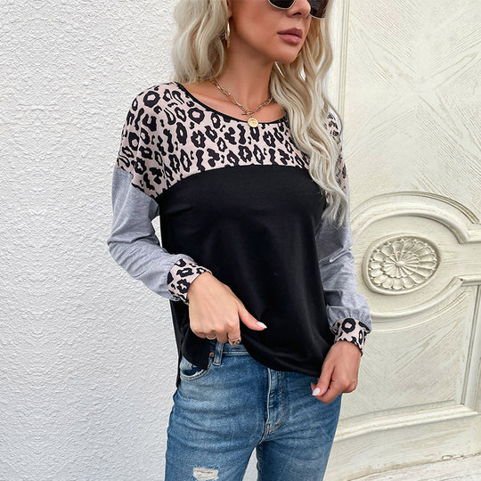 Damen Lässiges Langarmshirt mit Leo-Einsatz und Kontrastärmeln Nord Taschen