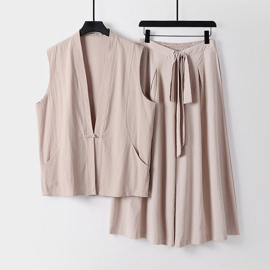 Damen Ärmelloses Kimono-Loungewear-Set aus leichtem Viskose-Leinen mit Bindeweste und weiten Palazzo-Hose Nord Taschen