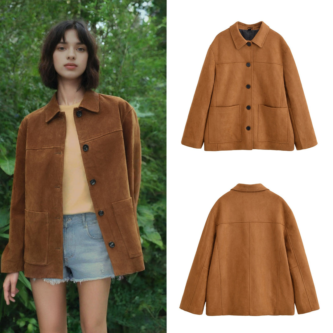 Damen Boxy-Utility-Jacke aus Wildlederoptik mit Hemdkragen und großen aufgesetzten Taschen Nord Taschen