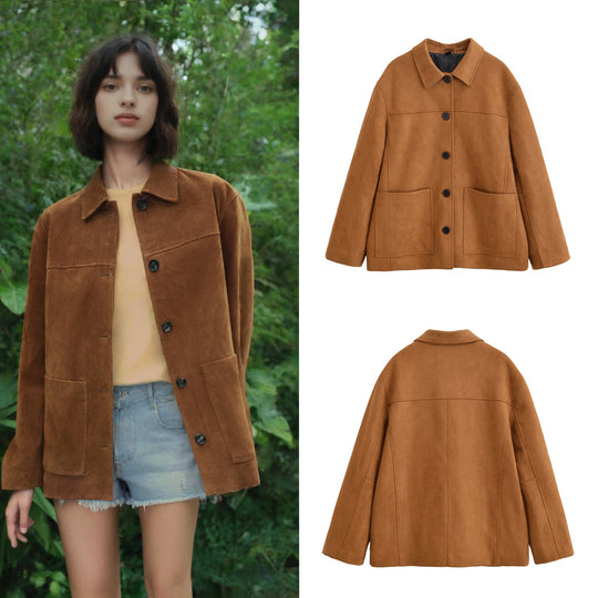 Damen Boxy-Utility-Jacke aus Wildlederoptik mit Hemdkragen und großen aufgesetzten Taschen Nord Taschen