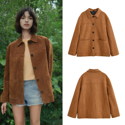 Damen Boxy-Utility-Jacke aus Wildlederoptik mit Hemdkragen und großen aufgesetzten Taschen Nord Taschen