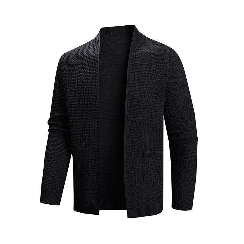 Herren offener Waffelstrick-Cardigan mit Schalkragen, aufgesetzten Taschen und gerippten Bündchen Nord Taschen