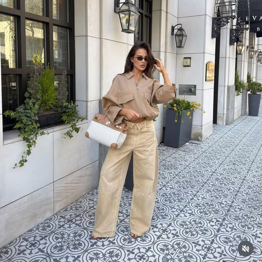 Damen Boxy Cropped Utility-Jacke mit Reißverschluss Pattentaschen und elastischem Saum Nord Taschen