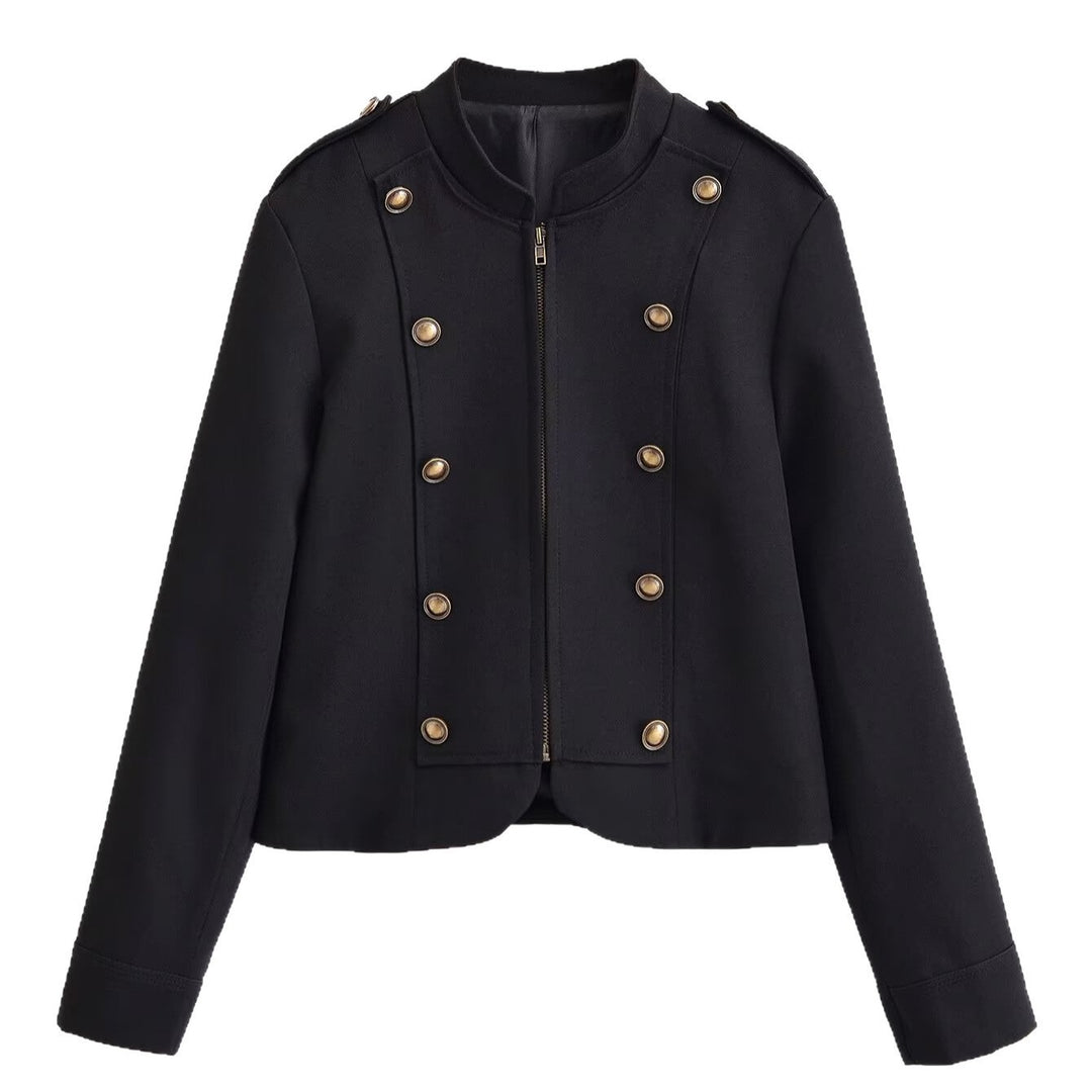Damen Kurzblazer im Military-Look mit Stehkragen, Zierknopfreihe und Reißverschluss Nord Taschen
